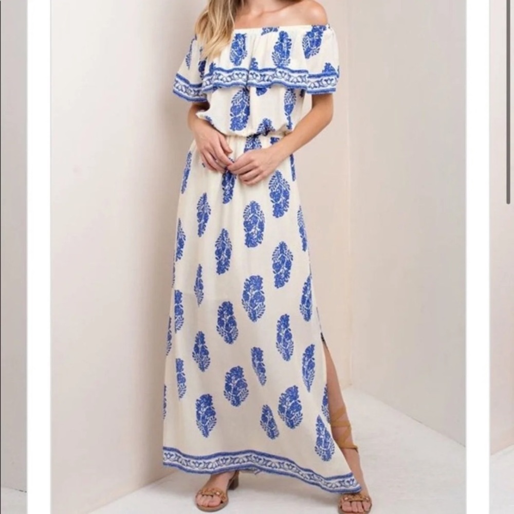 Kori maxi dress blue feather palm print